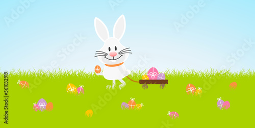 Weißer Osterhase Handwagen Wiese Ostereier