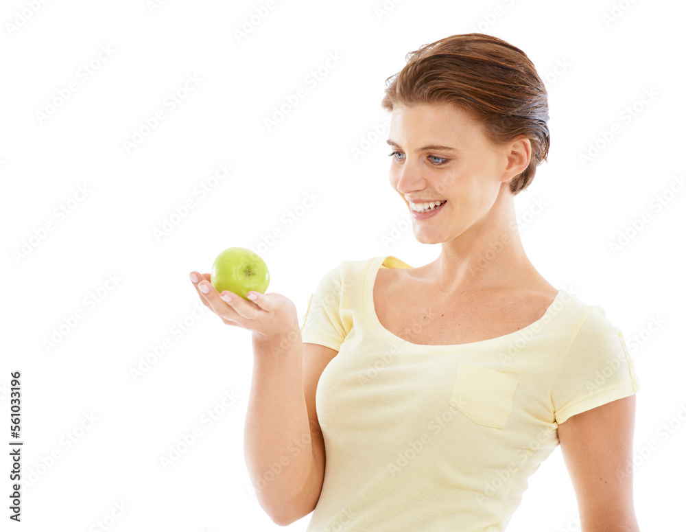 Diet, health and woman with an apple in a studio for nutrition, wellness and healthy weightloss. Natural, beauty and female model holding a fruit while isolated by white background with mockup space. Diet, health and woman with an apple in a studio for nutrition, wellness and healthy weightloss. Natural, beauty and female model holding a fruit while isolated by white background with mockup space.