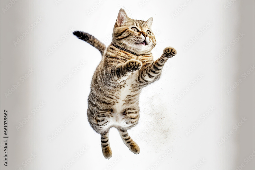 cat jump on white background, full body with free space, Made by AI,Artificial intelligence