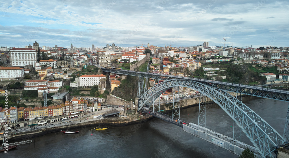 Aerial view of the old city and the Don Luis bridge in Porto. High quality photo