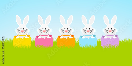 5 Weiße Osterhasen Eierschalen Wiese Himmel Banner