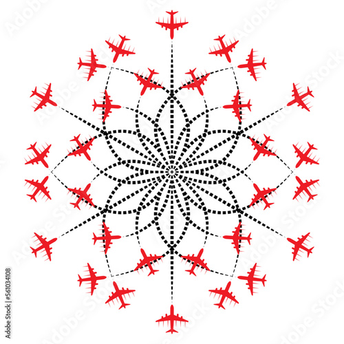 Airplanes with complex line routes vector illustration. Airport strike, chaos, transport concept illustration to use in tourism, holiday, flight delay, canceled flight design projects. 