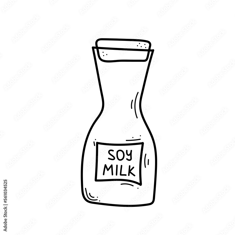 Bottle of soy milk in doodle style. Hand drawn vegetarian food, drink. Vector illustration isolated on white background Bottle of soy milk in doodle style. Hand drawn vegetarian food, drink. Vector illustration isolated on white background