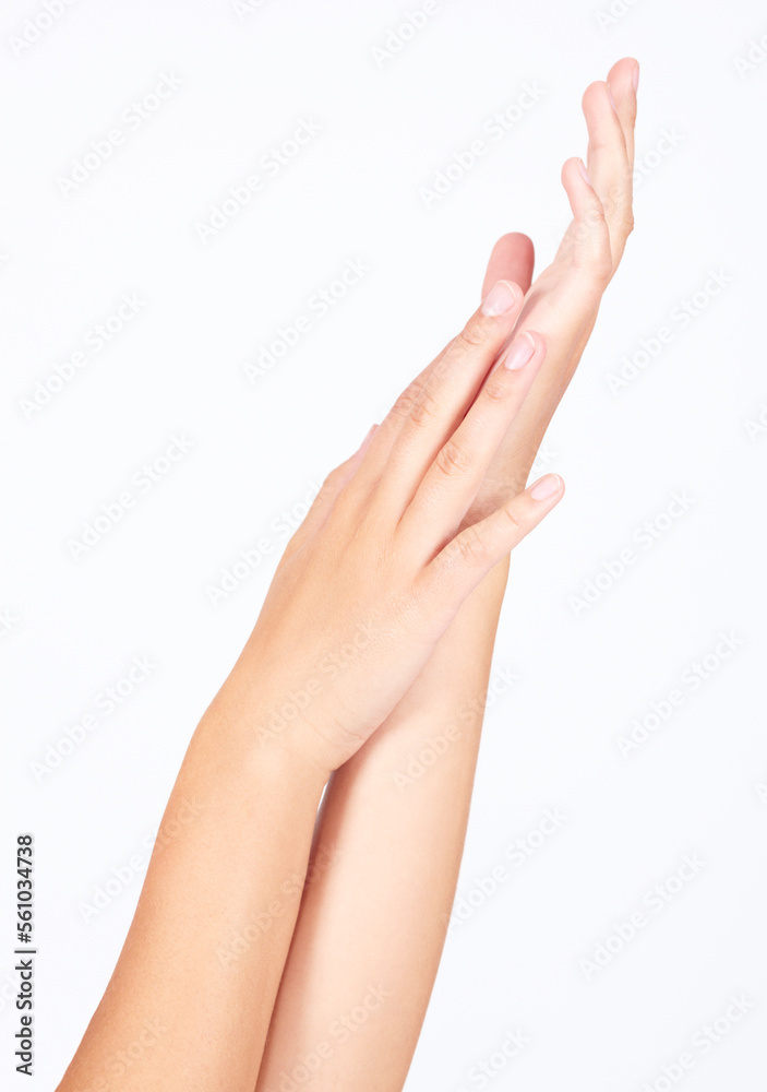 Beauty model, manicure hands and nails skincare on studio background in healthcare wellness, self love dermatology or salon massage. Zoom woman, touching fingers and natural grooming polish on mockup Beauty model, manicure hands and nails skincare on studio background in healthcare wellness, self love dermatology or salon massage. Zoom woman, touching fingers and natural grooming polish on mockup
