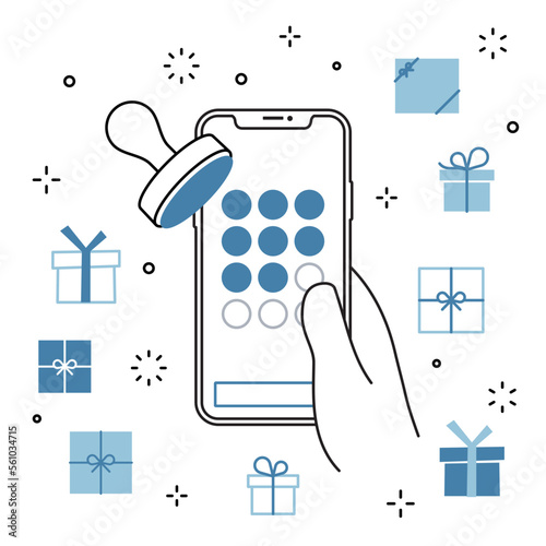 手に持ったスマートフォンのアプリ スタンプカード プレゼントのアイコンセット