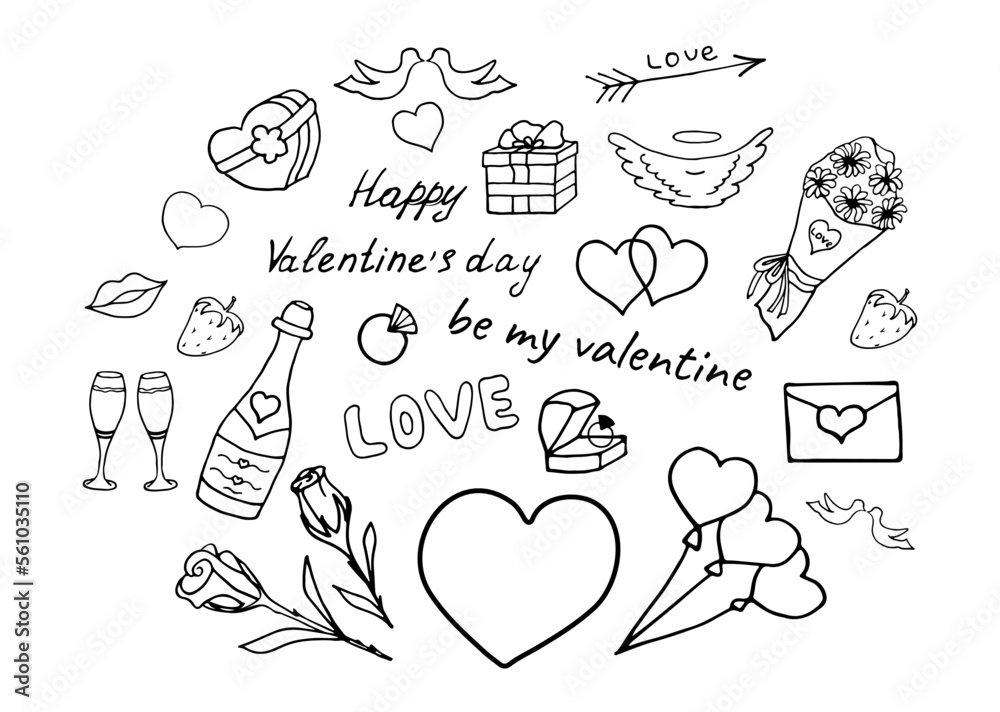 Fototapeta premium Doodle set elements for valentines day line art style. Vector illustration. Icons and inscriptions.