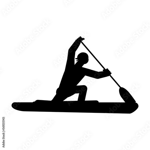 Canoe sprint athlete canoeing silhouette. Sportsman paddling on racing canoe C1. Vector logo, icon.
