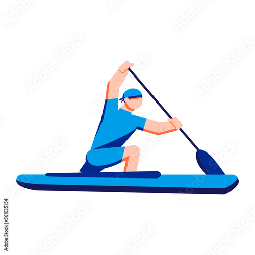 Canoe sprint athlete canoeing. Sportsman paddling on racing canoe C1. Vector flat illustration.
