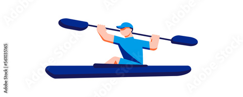Canoe sprint athlete kayaking. Sportsman paddling on racing kayak K1. Vector flat illustration.