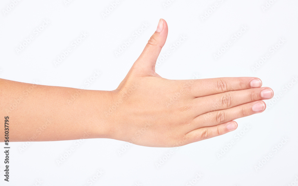 Woman, handshake or hello on studio background in greeting success, strategy collaboration or welcome support. Zoom, model or shaking hands gesture in partnership meeting, goals motivation or mockup