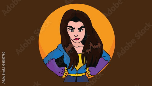 A dynamic female character in a comic book style costume, brought to life in vector illustration form