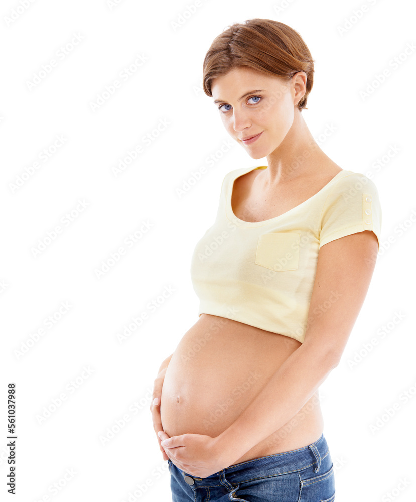 Woman, pregnancy and stomach hold portrait to show baby love, happiness and smile. Happy mom care, wellness and mother hands holding abdomen showing loving new young mama empowerment with mockup Woman, pregnancy and stomach hold portrait to show baby love, happiness and smile. Happy mom care, wellness and mother hands holding abdomen showing loving new young mama empowerment with mockup