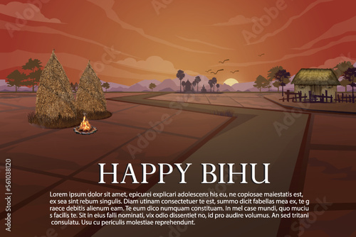 Magh Bihu or bhogali bihu festival of assam, India, in village,winter season bhelaghar, mazi field, maji or mezi, hut making, scenery bon fire at night
