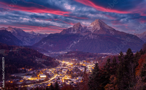 Incredible morning countryside. Impressive mountain scenery in the Bavarian Alps with colorful sky. Alpine village of Berchtesgaden  and Watzmann massif in background. Popular travel destination © jenyateua