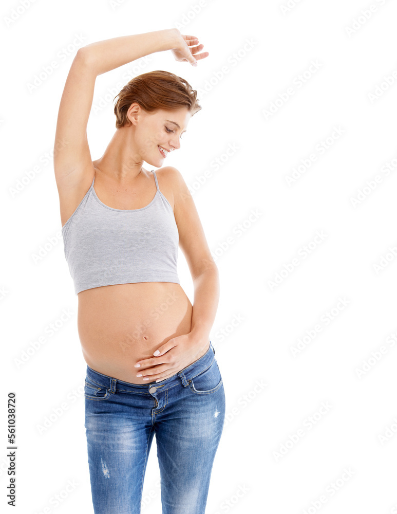 Body of happy pregnant woman in studio dance on white background for pregnancy health, growth and development. Healthcare, wellness and an excited mother, hand holding stomach with advertising space Body of happy pregnant woman in studio dance on white background for pregnancy health, growth and development. Healthcare, wellness and an excited mother, hand holding stomach with advertising space