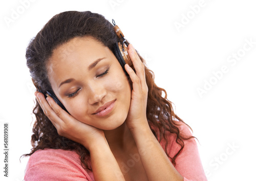 Headphones, music and calm woman in studio mental health, wellness and subscription streaming service. Student listening to audio for online subscription and technology in calm, peace and zen mockup