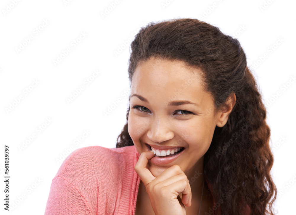 Excited girl and biting finger portrait with happy, aha and cheerful smile for brainstorming. Happiness of black woman with ideas, confidence and optimistic mindset in white studio background Excited girl and biting finger portrait with happy, aha and cheerful smile for brainstorming. Happiness of black woman with ideas, confidence and optimistic mindset in white studio background