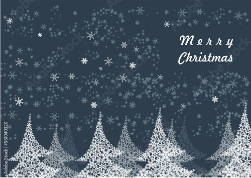 Merry Christmas card. Fairytale winter coniferous forest from snowflakes