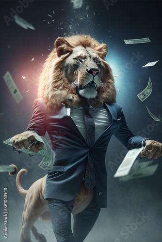 lion in suit with banknotes falling around, realistic lion, detailed, income tax, generative ai photo