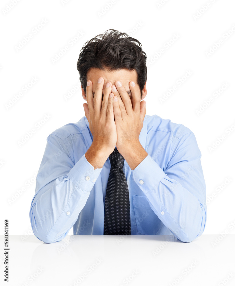 Businessman, stress and face in hands on studio background in finance tax fraud or money laundering mistake. Worker anxiety, frustrated and employee with mental health burnout in company stock loss Businessman, stress and face in hands on studio background in finance tax fraud or money laundering mistake. Worker anxiety, frustrated and employee with mental health burnout in company stock loss