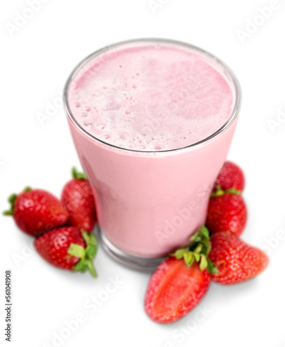 Fresh strawberry fruits and smoothies on white