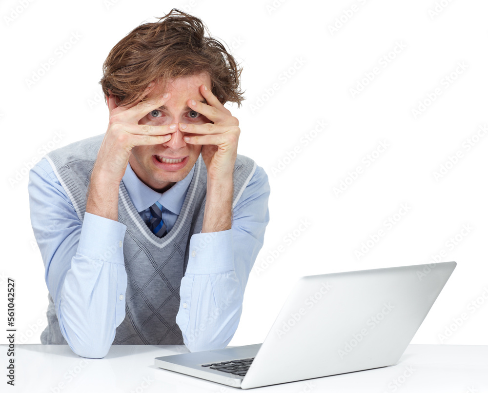 Anxiety, scared and portrait of a businessman with a laptop reading an email, stress and frustrated. Burnout, worried and professional employee concerned about news on a computer on white background Anxiety, scared and portrait of a businessman with a laptop reading an email, stress and frustrated. Burnout, worried and professional employee concerned about news on a computer on white background