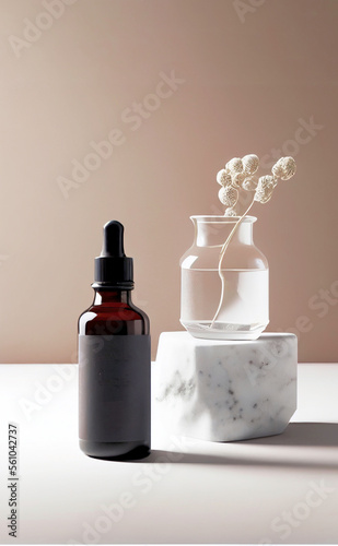 New naturalism black brown glass beauty cosmetic bottle beige aesthetic composition. Marble and dry tree twig branch on beckground AI Generated