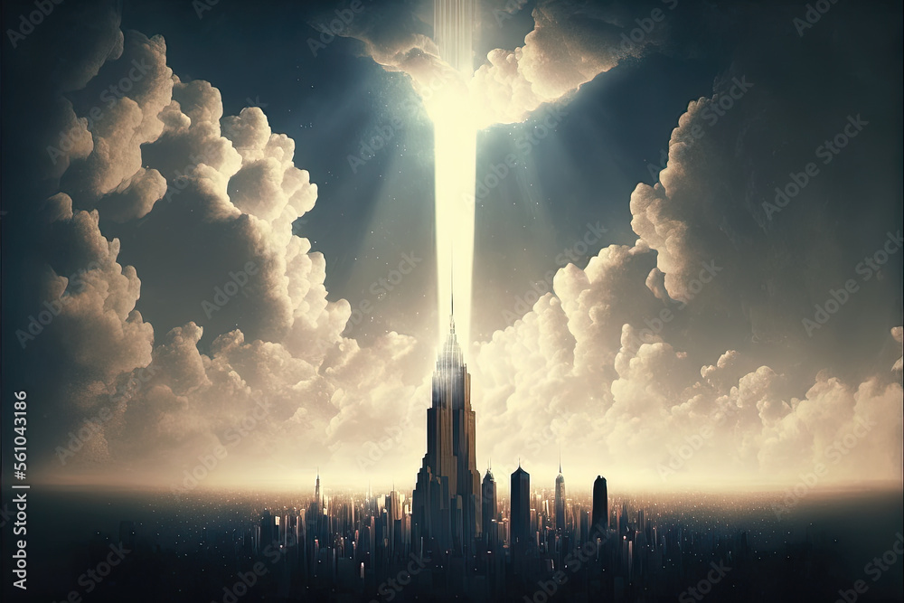 Fototapeta premium A skyscraper lit from a light from the sky as though bathe in holy light, City of Light and Hope. Ideas of aspiration and growth
