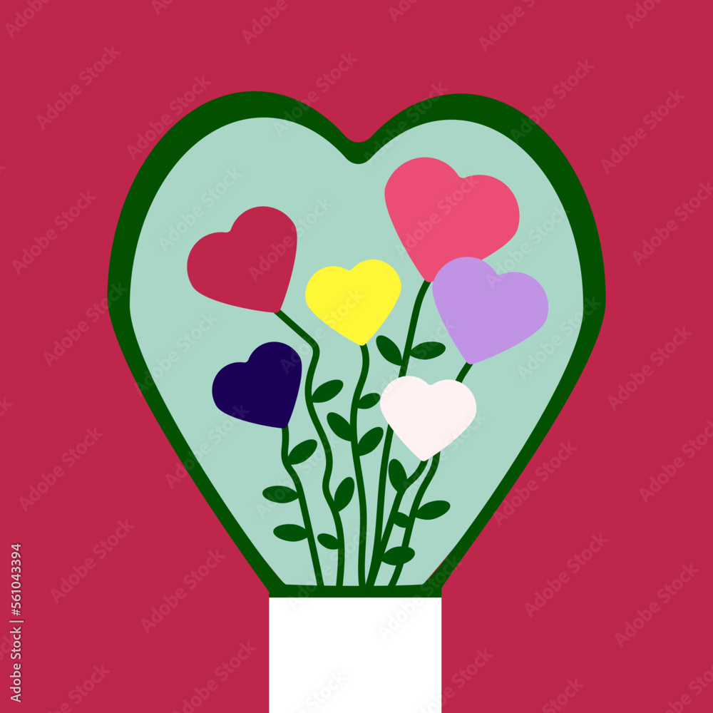 Postcard Happy Valentine's Day, Viva Magenta color background, vector.
Plants with hearts on a pink background.