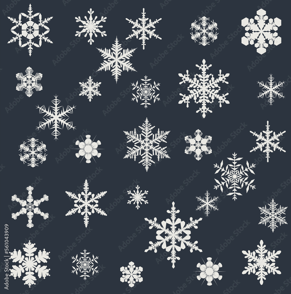 Lace pattern of white snowflakes on a dark gray background. A unique author's snowflake to decorate the winter holidays. Vector image of a Christmas symbol. Lace pattern of white snowflakes on a dark gray background. A unique author's snowflake to decorate the winter holidays. Vector image of a Christmas symbol.