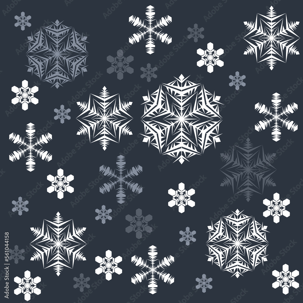 Lace pattern of white snowflakes on a dark gray background. A unique author's snowflake to decorate the winter holidays. Vector image of a Christmas symbol. Lace pattern of white snowflakes on a dark gray background. A unique author's snowflake to decorate the winter holidays. Vector image of a Christmas symbol.