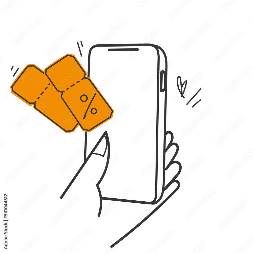 hand drawn doodle person holding Phone with discount coupon illustration vector hand drawn doodle person holding Phone with discount coupon illustration vector