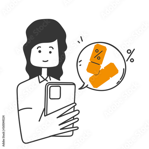hand drawn doodle person holding Phone with discount coupon illustration vector