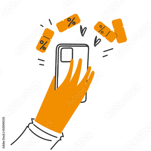 hand drawn doodle person holding Phone with discount coupon illustration vector