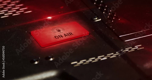 On Air symbol light flashing on metal panel macro view. Radio live studio and podcast microphone lamp sign on industrial dashboard loop. Loopable and seamless abstract icon technology concept.