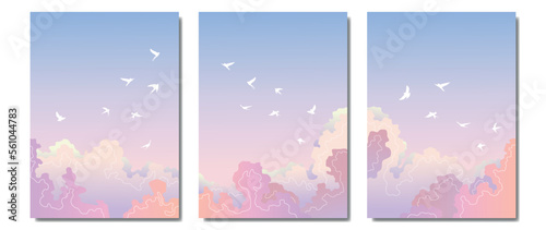 Set of vector pictures with birds. Wonderful heavenly pink sunset with clouds and soaring birds on a blue background. Gradient abstract art for wall decoration, posters, print, decor.