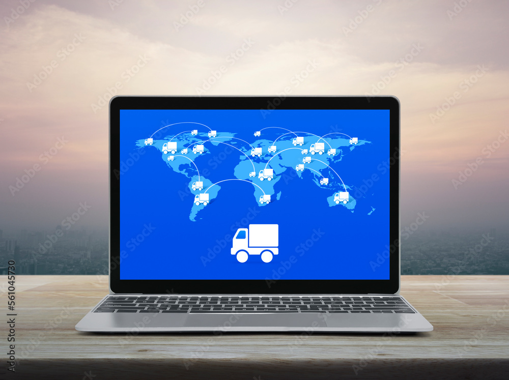 Delivery truck icon with connection line and world map on laptop computer screen on table over office city tower at sunset sky, vintage style, Elements of this image furnished by NASA Delivery truck icon with connection line and world map on laptop computer screen on table over office city tower at sunset sky, vintage style, Elements of this image furnished by NASA