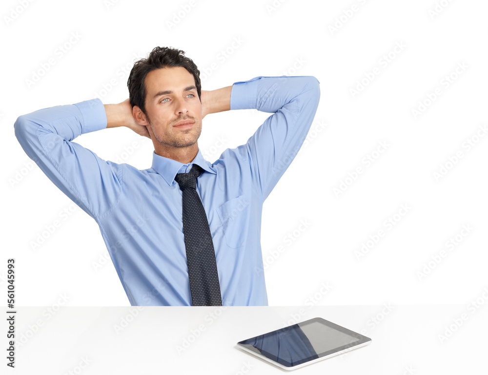 Businessman, tablet and relax back at desk in studio for lunch break, nap or daydream after web planning, tech analysis or sales growth. Man, relax and thinking for website fintech startup strategy Businessman, tablet and relax back at desk in studio for lunch break, nap or daydream after web planning, tech analysis or sales growth. Man, relax and thinking for website fintech startup strategy