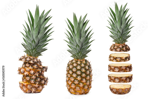 Three fresh juicy pineapples in different shapes. Cut, whole, in flight. Isolated