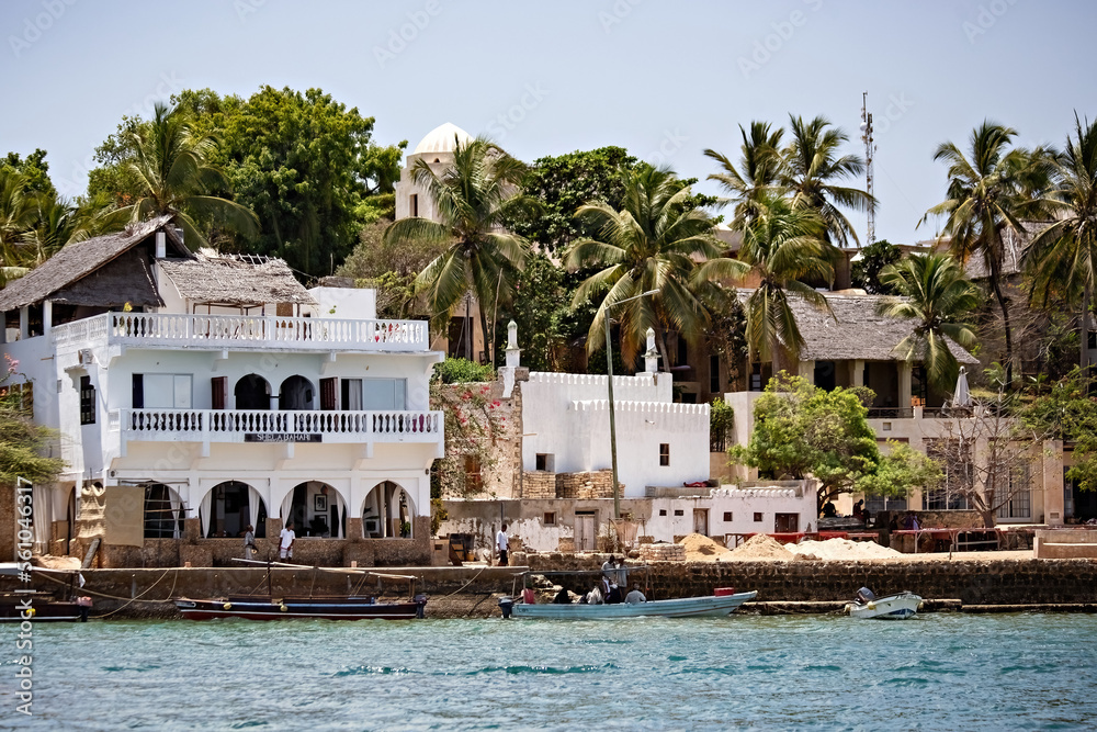 View of Shela town in Lamu island, old white houses in Lamu, Kenya