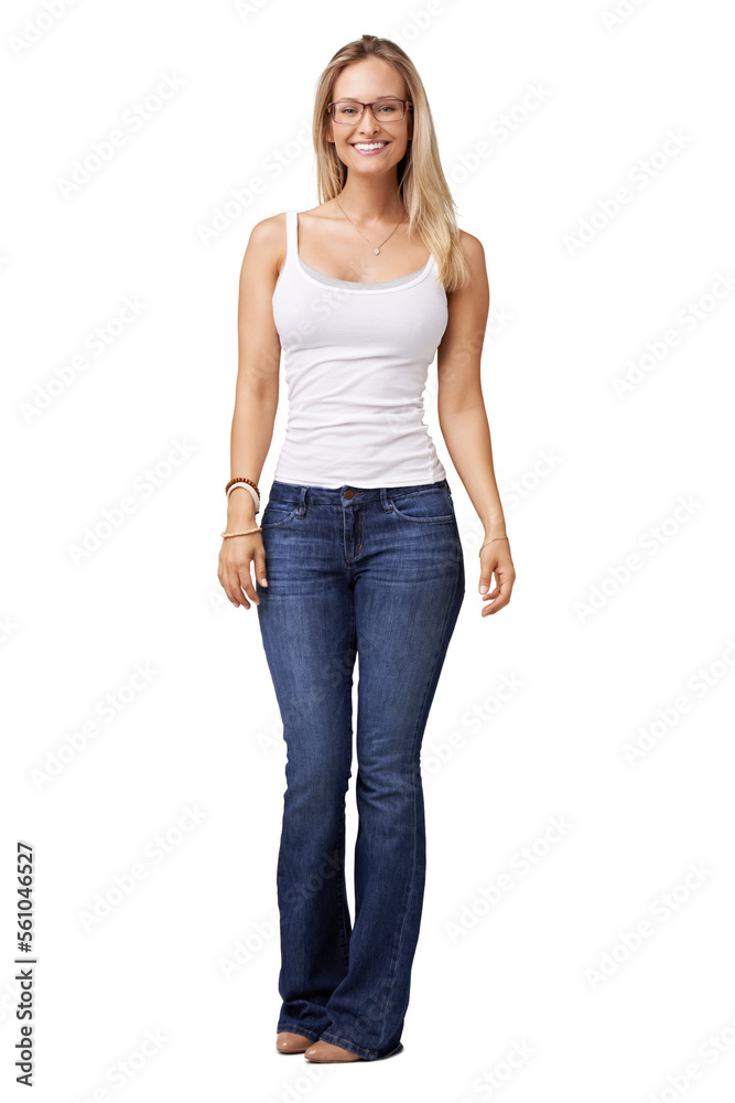 Woman, full body studio portrait and fashion with smile, glasses and happiness by white background for style. Confident model, isolated and jeans for trendy, edgy and pretty clothes with wellness Woman, full body studio portrait and fashion with smile, glasses and happiness by white background for style. Confident model, isolated and jeans for trendy, edgy and pretty clothes with wellness