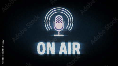 On Air symbol light flashing on analog screen. Radio live studio and podcast microphone icon on retro VHS style. Loopable and seamless abstract concept with noise and glitch.