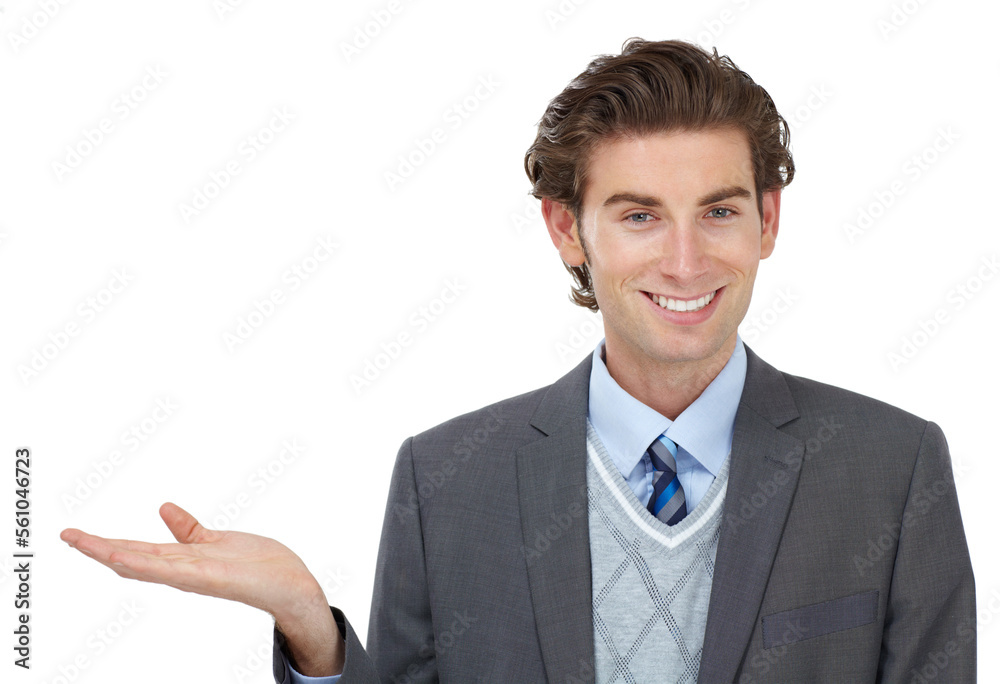 Businessman, portrait and presenting studio mockup space, isolated white background and advertising. Happy guy, presentation and choice on mock up, branding review and promotion of marketing salesman Businessman, portrait and presenting studio mockup space, isolated white background and advertising. Happy guy, presentation and choice on mock up, branding review and promotion of marketing salesman