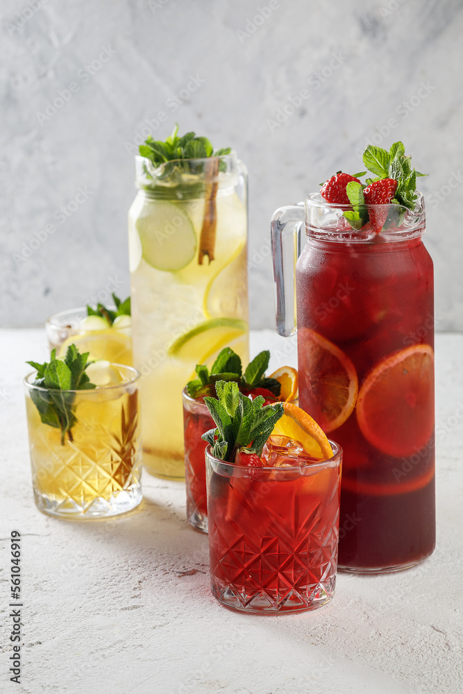 Freshly summer drinks - lemonades isolated on white concrete background Freshly summer drinks - lemonades isolated on white concrete background