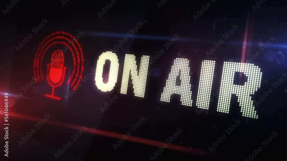 On Air symbol light flashing on digital display. Radio live studio and podcast icon on pixel led screen. Close-up loopable and seamless abstract concept. 