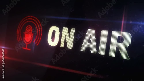 On Air symbol light flashing on digital display. Radio live studio and podcast icon on pixel led screen. Close-up loopable and seamless abstract concept. 
