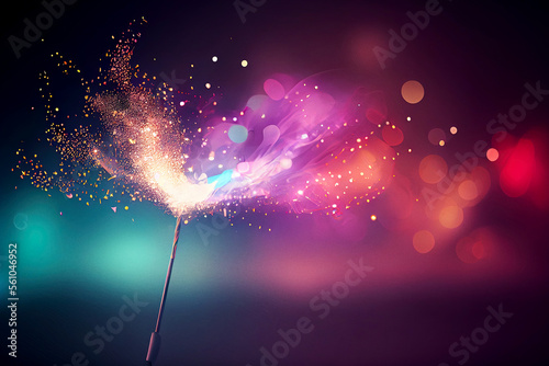 Sparkler burning with colourful smoke and glitter, holiday vibrant background with copy space. Digitally generated AI image