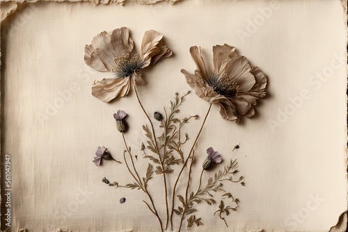 pressed dried flowers on linen, generative ai composite