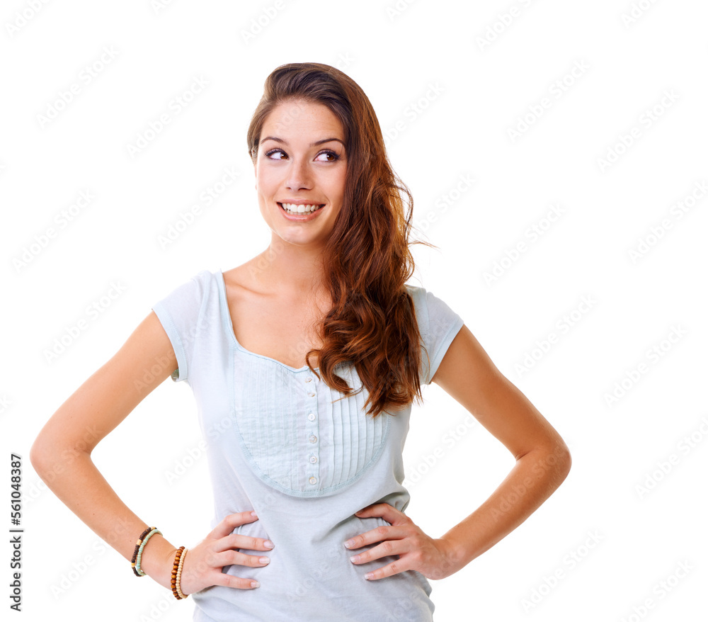 Thinking, idea and woman in a studio with mockup space planning ideas with a positive and optimistic mindset. Thoughtful, pensive and mindful female model with a question isolated by white background Thinking, idea and woman in a studio with mockup space planning ideas with a positive and optimistic mindset. Thoughtful, pensive and mindful female model with a question isolated by white background