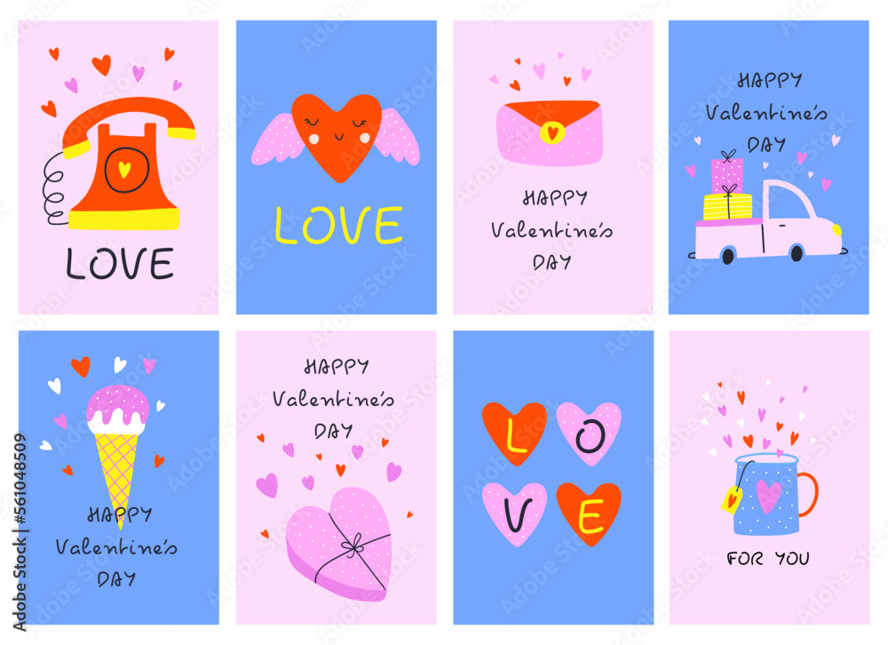 Valentine's day greeting card set with hearts. Design for valentine and wedding. Vector illustrations